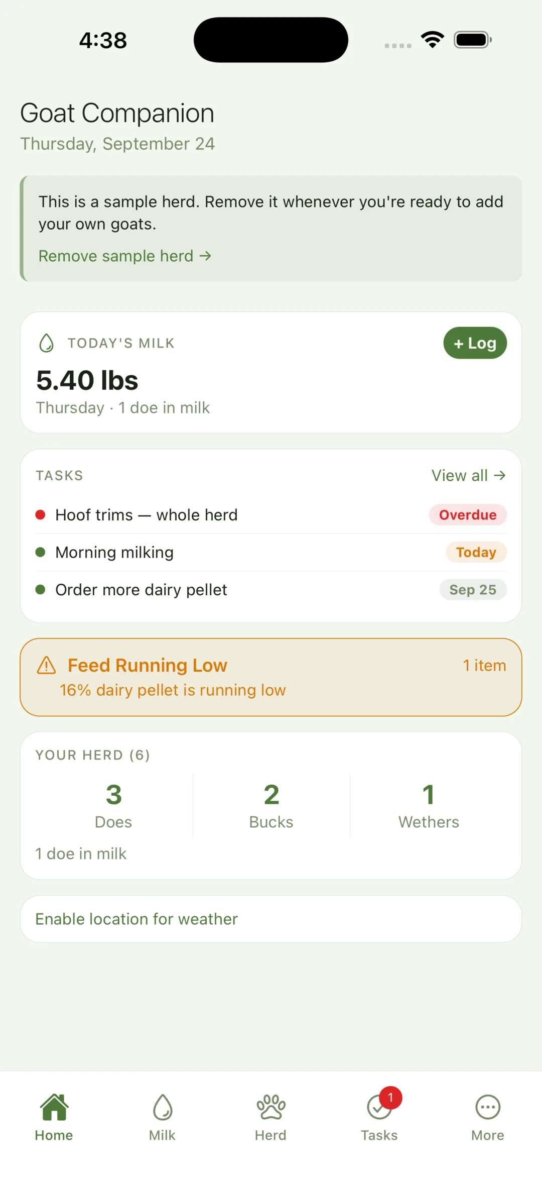 Goat Companion home dashboard