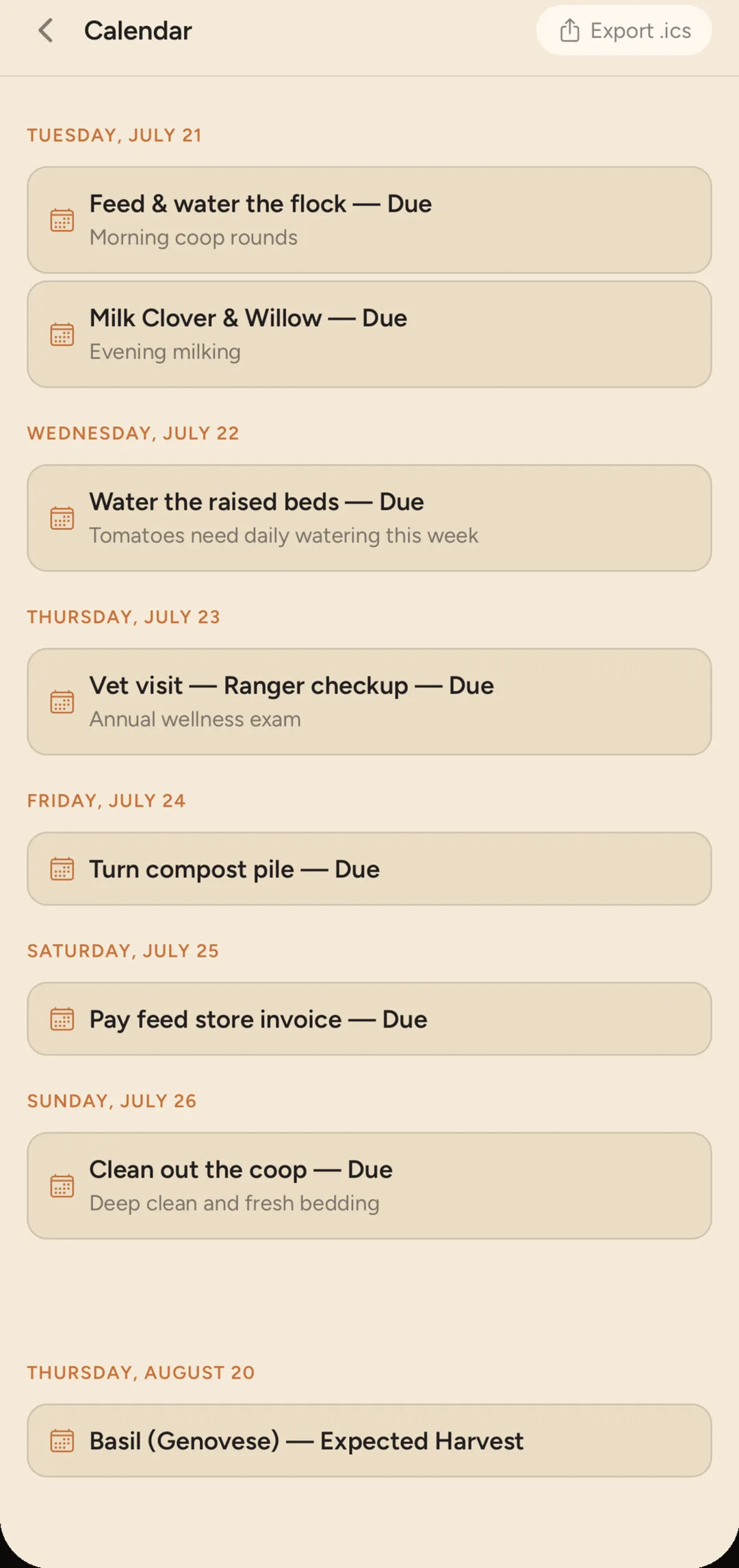 Homestead Companion calendar and reminders