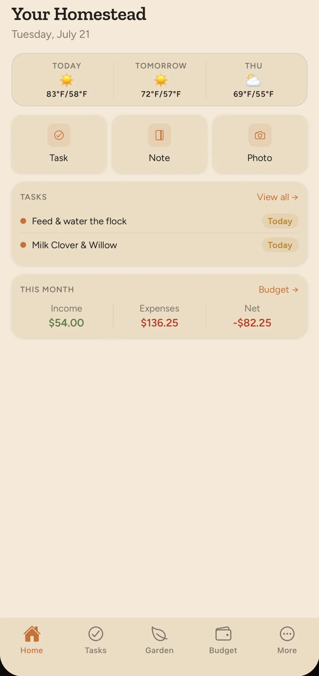 Homestead Companion home dashboard
