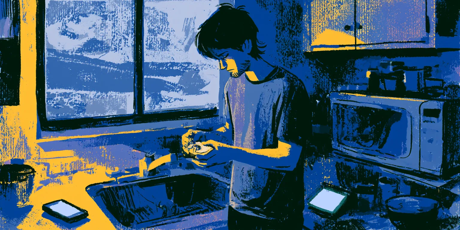 A man at the sink as every screen glows — illustration from The Notification