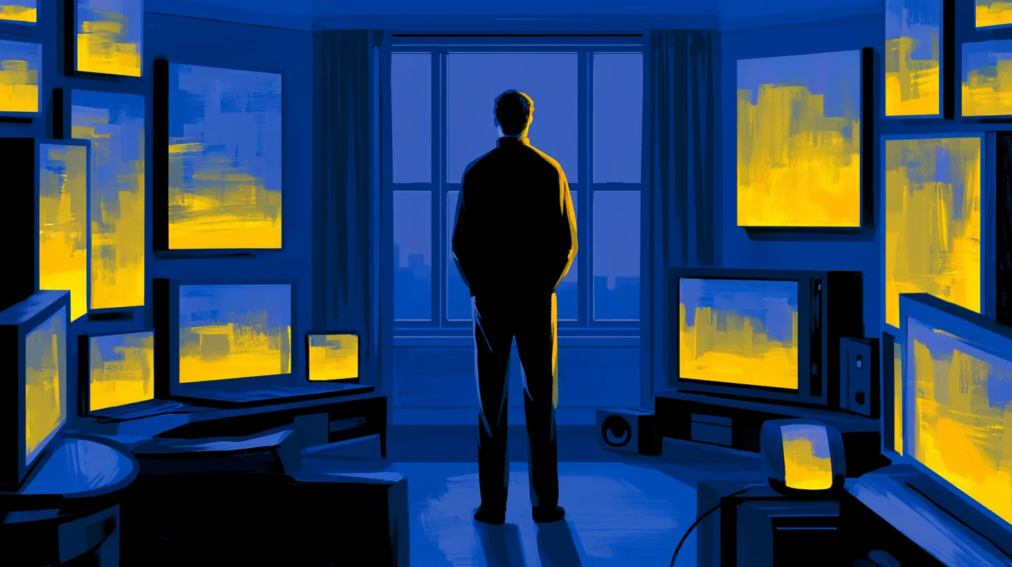 The same faint blue message-glow repeated on screens and surfaces everywhere.