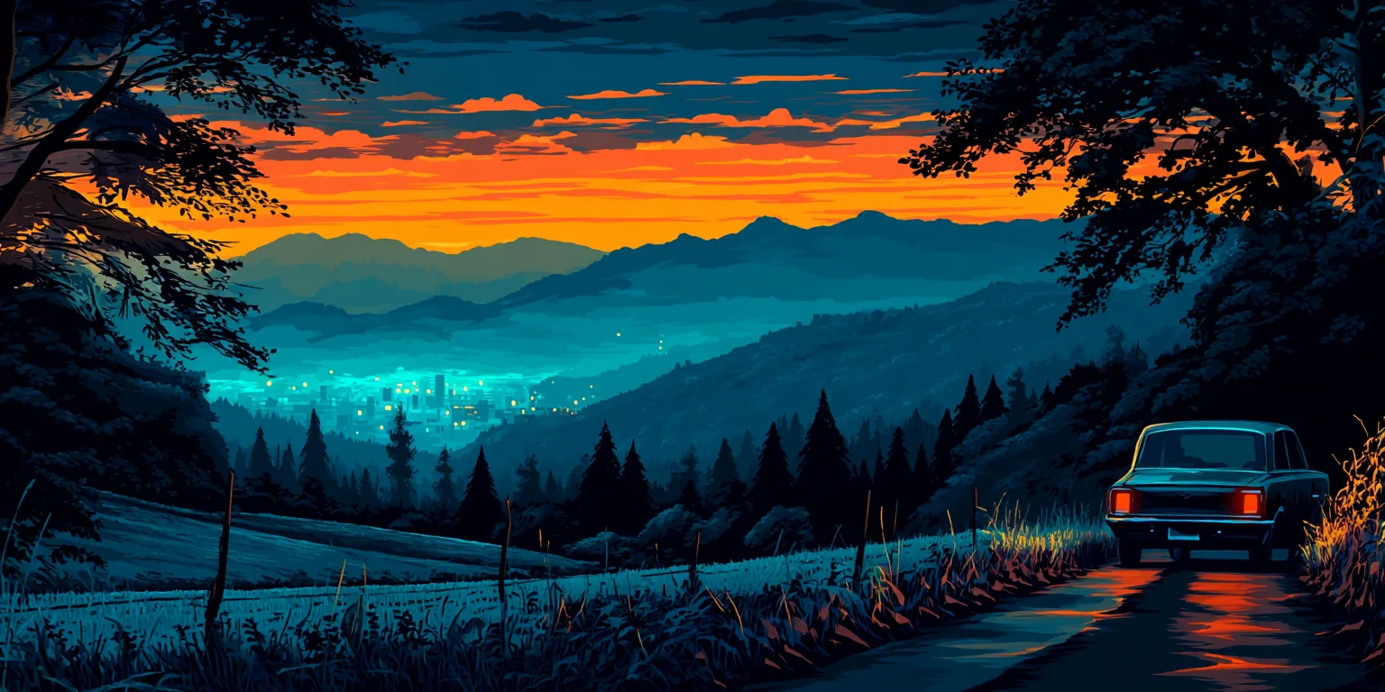 A car leaving the city at dusk — illustration from The Notification