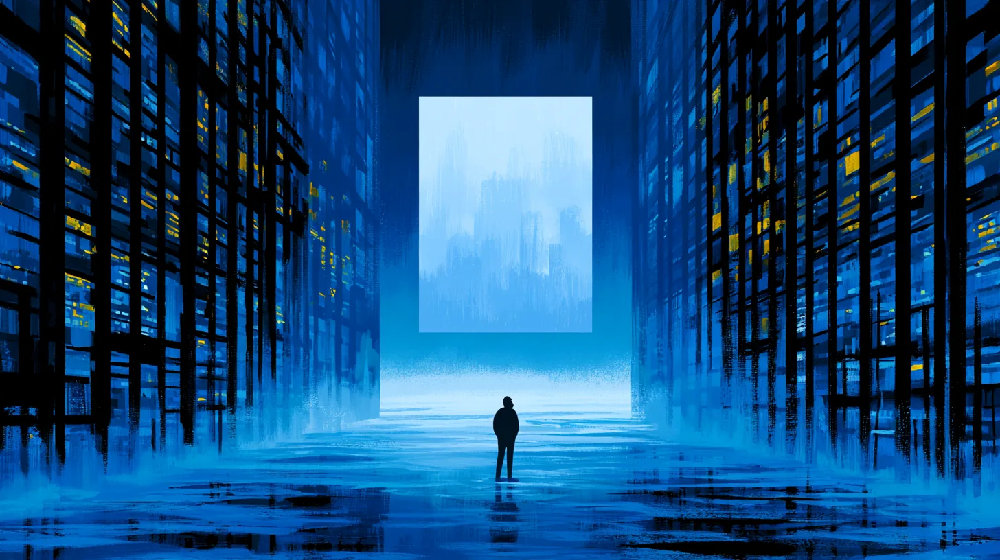 A vast dark server hall with one glowing screen — illustration from The Notification
