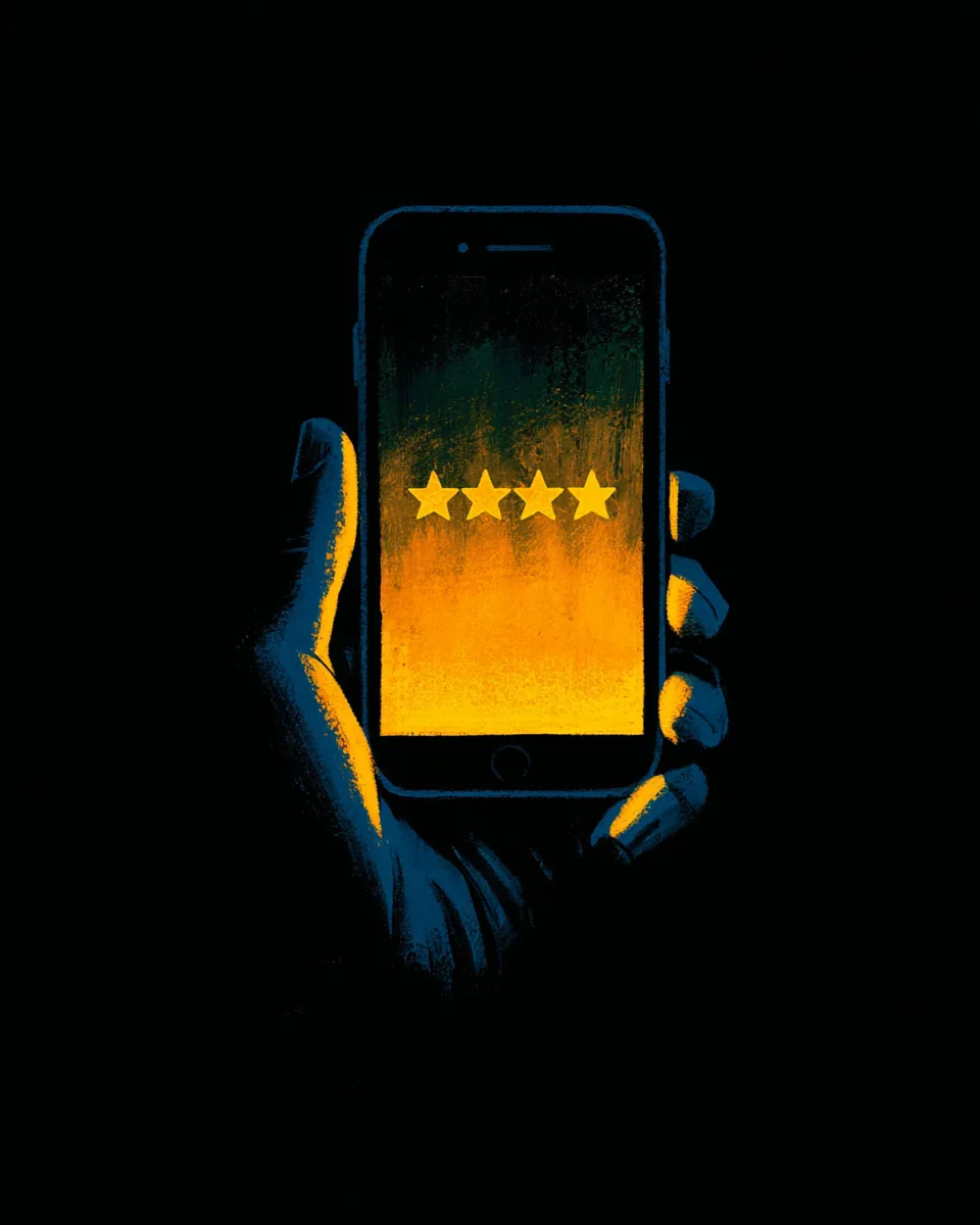 A hand holds a phone glowing warm in the dark, four of five stars filled in.
